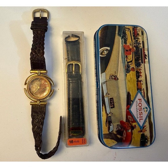 Fossil Accessories - Vintage Fossil Woman's Watch 9244 Non Working Leather Band Metal Case Extra Band